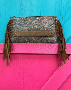 Justin Turquoise Washed Tooled Clutch Wallet Purse with Fringe 2176790BLU