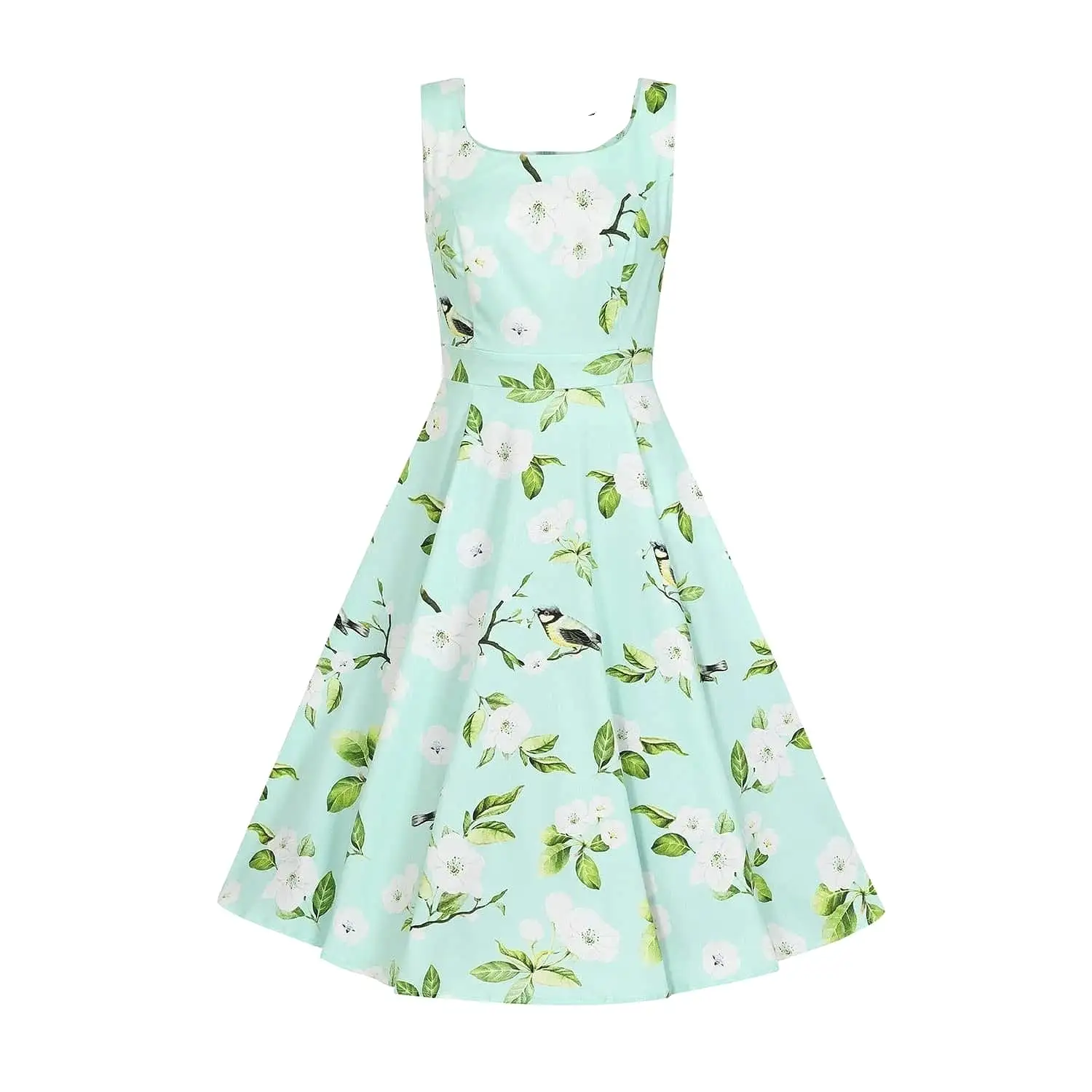 Light Mint Green Floral Print Sleeveless 50s Summer Swing Dress