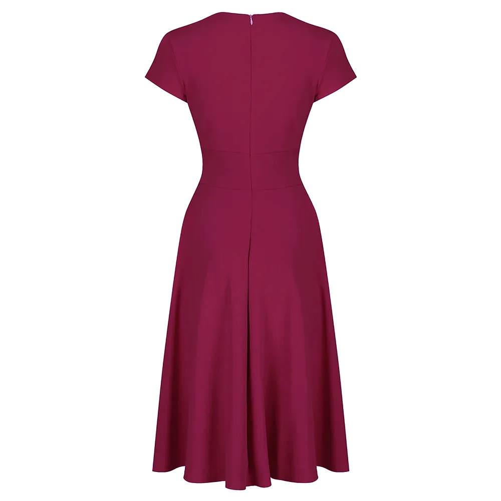 Magenta Vintage A Line Crossover Capped Sleeve Tea Swing Dress