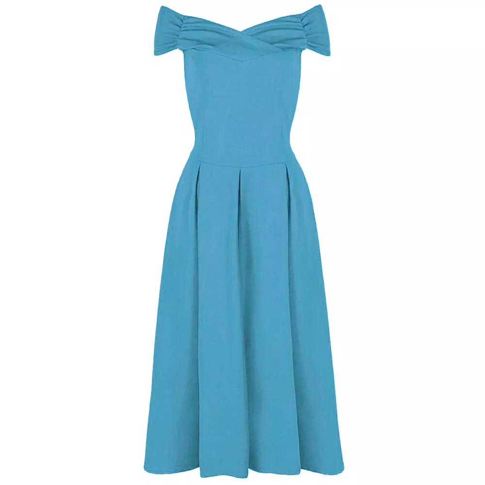 Mid Blue Crossover Vintage Bardot 50s Swing Dress