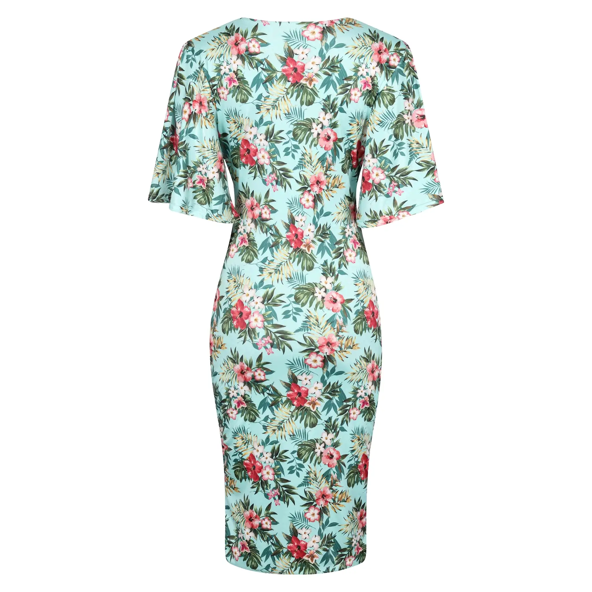 Mint Green Floral Print Butterfly Sleeve Slinky Pencil Cocktail Dress