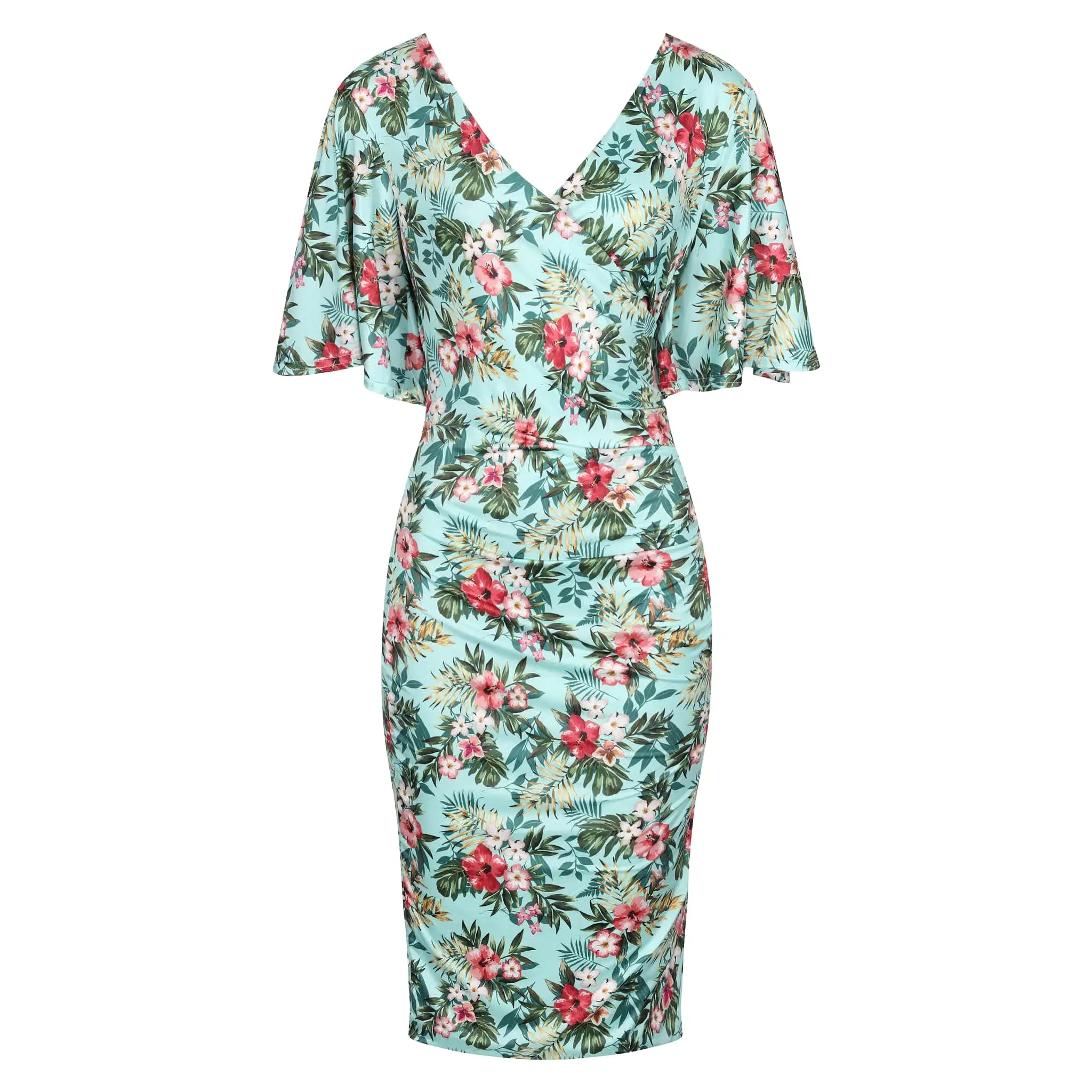 Mint Green Floral Print Butterfly Sleeve Slinky Pencil Cocktail Dress