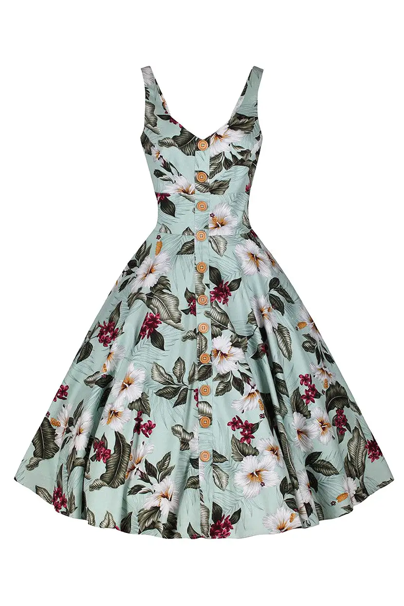 Mint Green Retro Vintage Floral Print Summer 50s Swing Dress