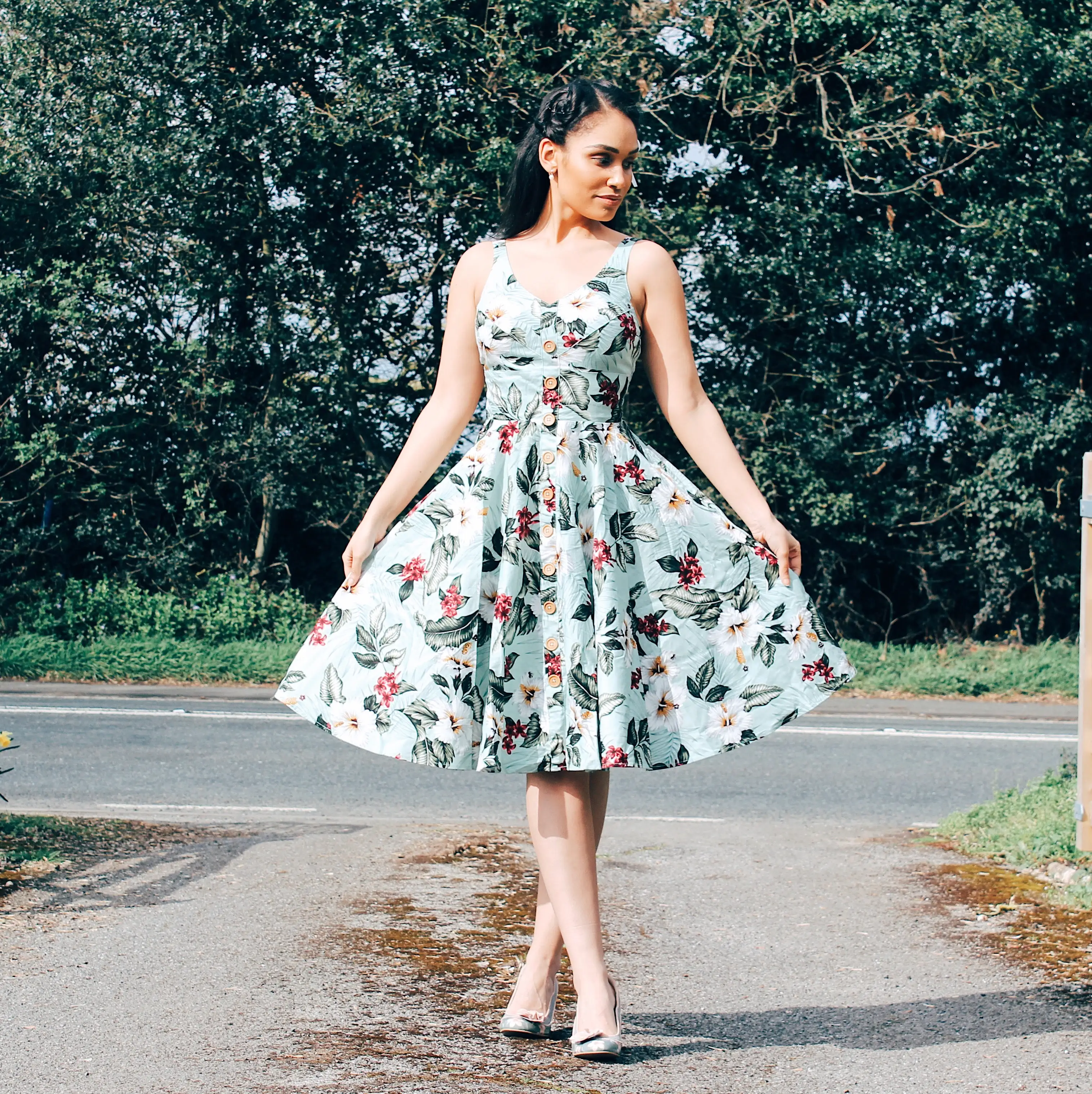 Mint Green Retro Vintage Floral Print Summer 50s Swing Dress