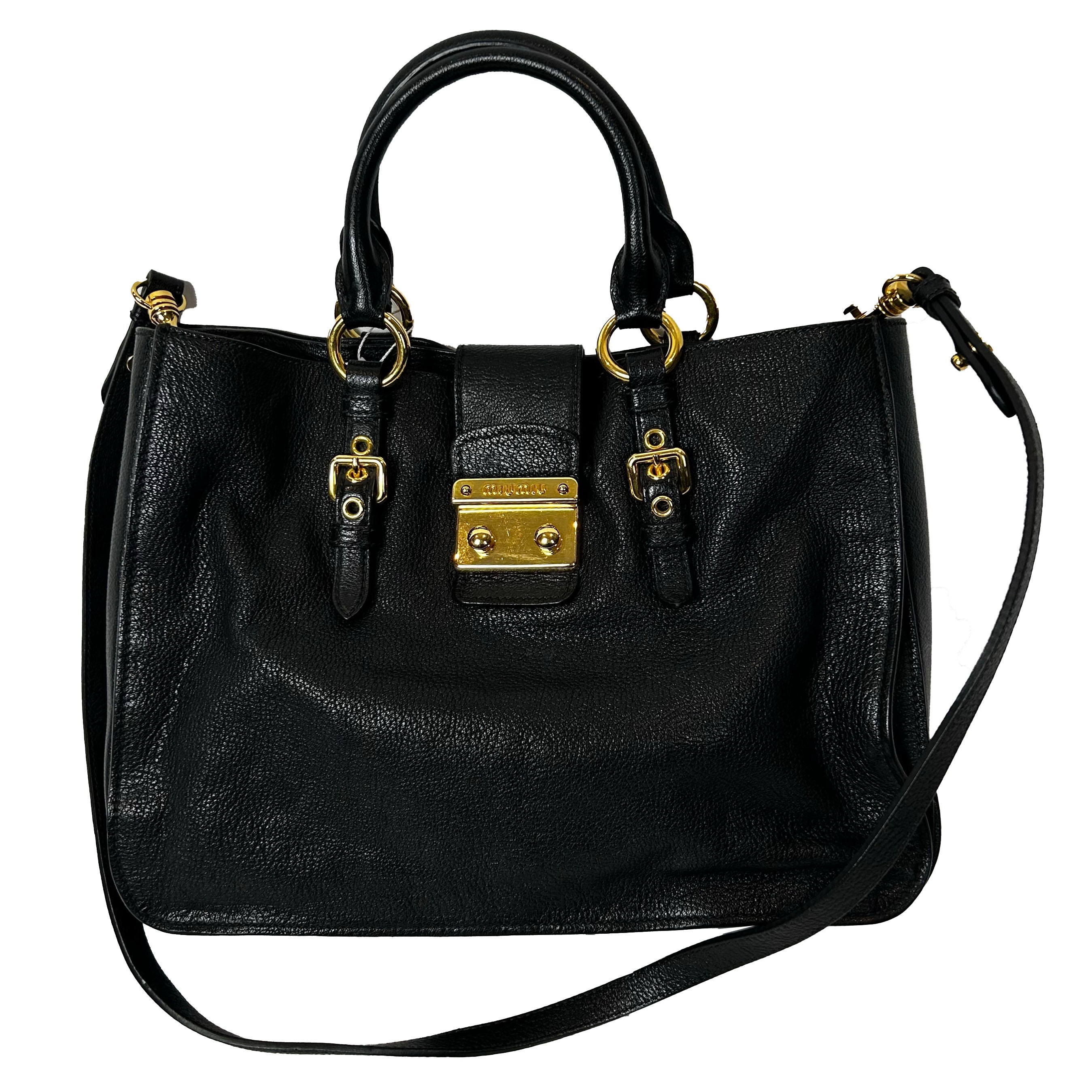 Miu Miu Black Pebbled Goatskin Medium Madras Tote Bag