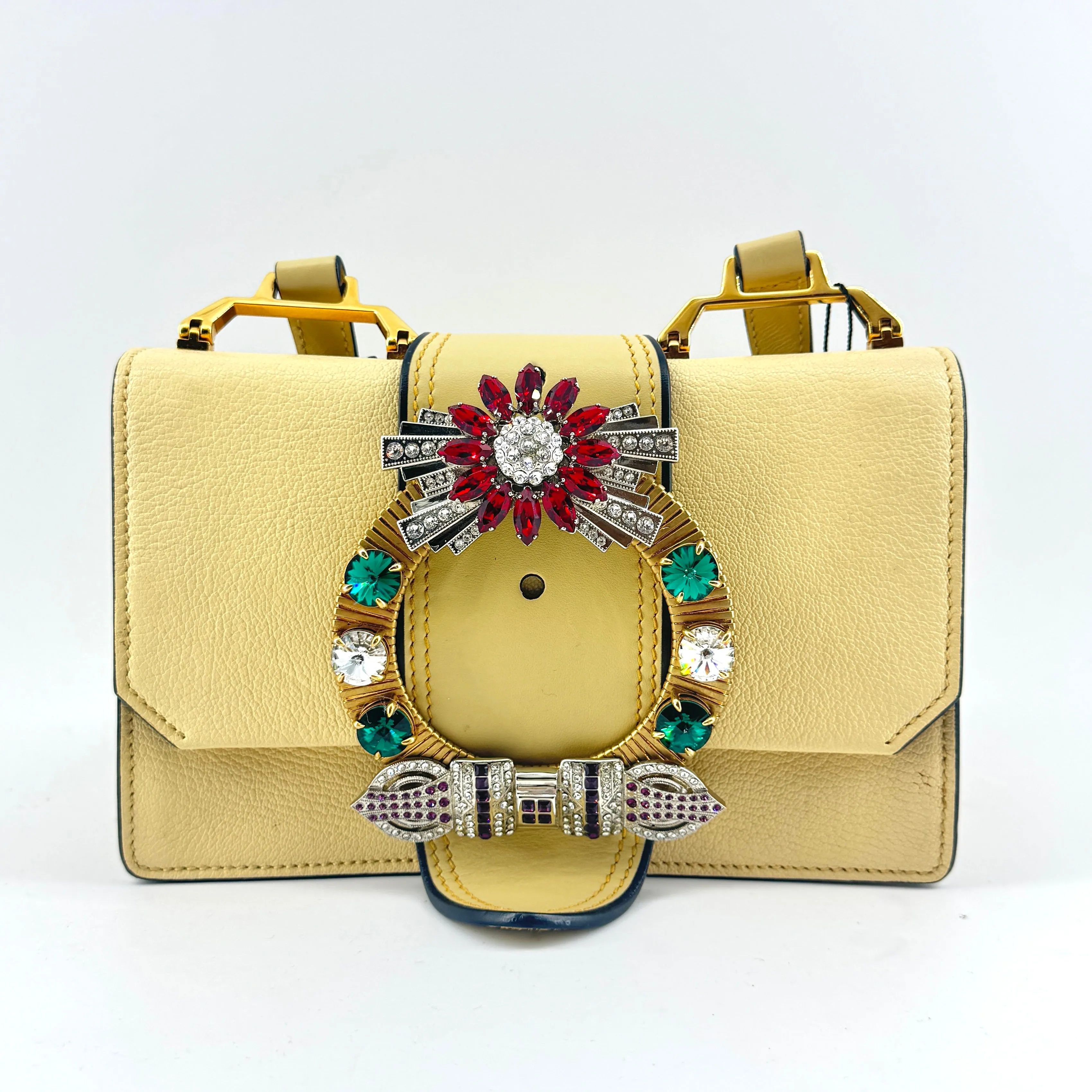 Miu Miu Raffia Madras Crystal Embellished Lady Shoulder Bag