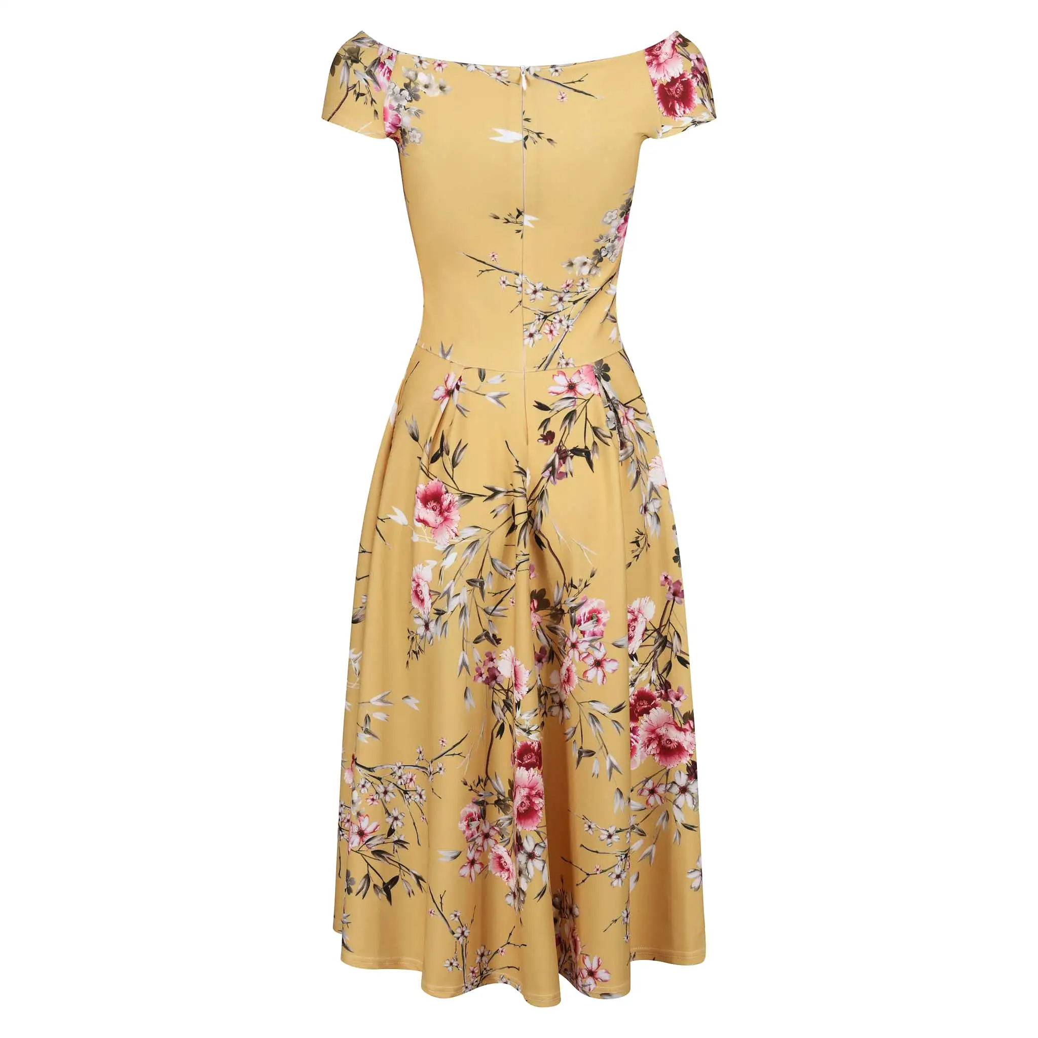 Mustard Yellow Floral Print Crossover Bardot 50s Swing Dress