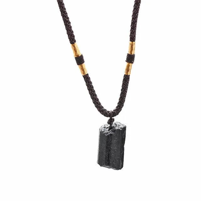 Natural Black Obsidian Pillar Pendant Necklace