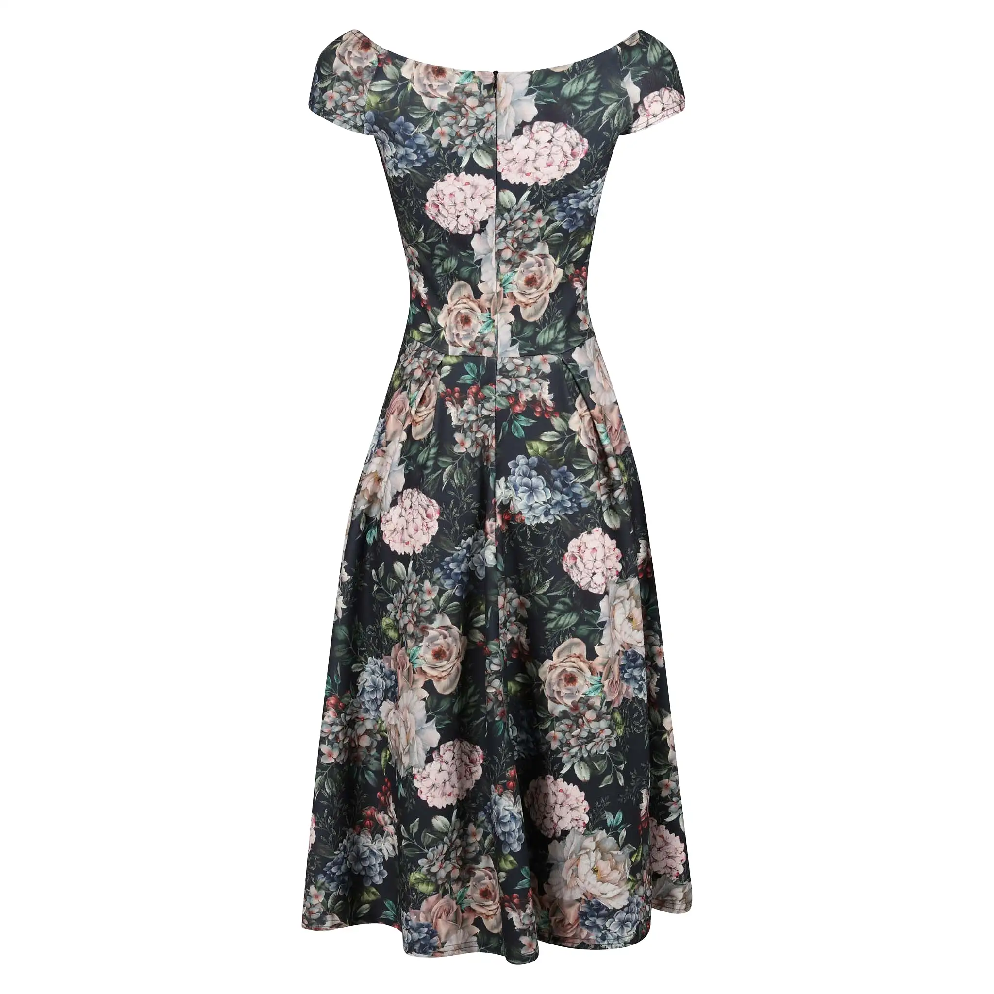 Navy Blue Black Floral Print Crossover Bardot 50s Swing Dress