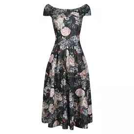 Navy Blue Black Floral Print Crossover Bardot 50s Swing Dress