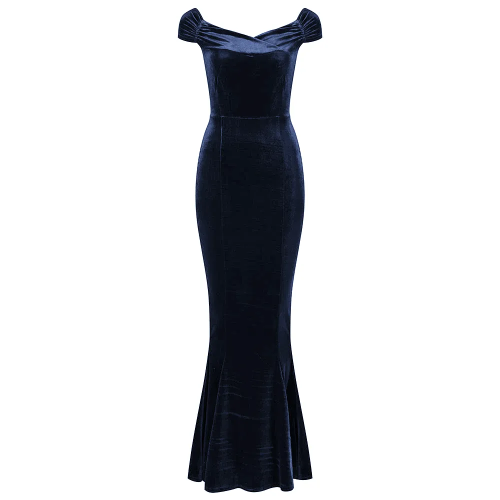 Navy Blue Cap Sleeve Crossover Bust Fishtail Hem Velour Maxi Dress