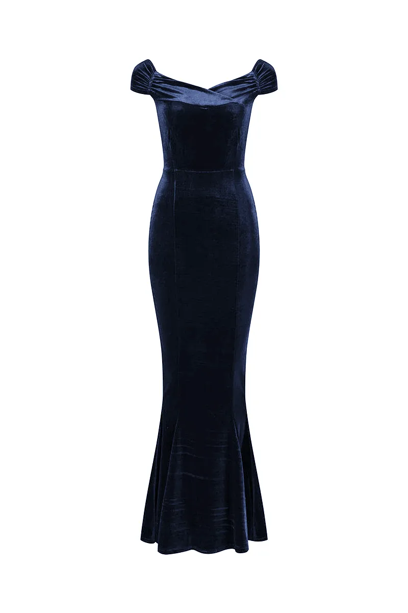 Navy Blue Cap Sleeve Crossover Bust Fishtail Hem Velour Maxi Dress