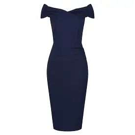 Navy Blue Cap Sleeve Crossover Top Bardot Wiggle Dress