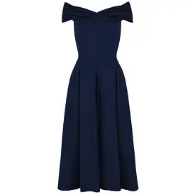 Navy Blue Crossover Vintage Bardot 50s Swing Dress