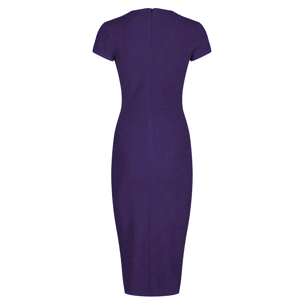 Navy Blue Deep V Cap Sleeve Bodycon Ruched Waist Wiggle Dress