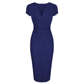 Navy Blue Deep V Cap Sleeve Bodycon Ruched Waist Wiggle Dress