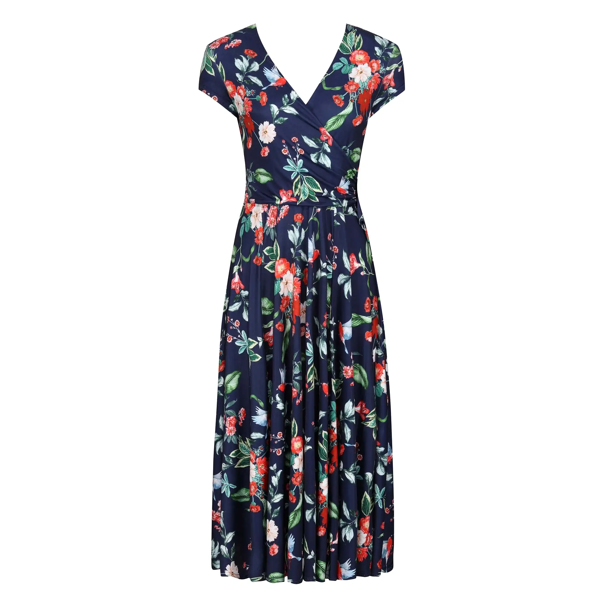 Navy Blue Floral Bird Print Cap Sleeve Crossover Top Swing Dress