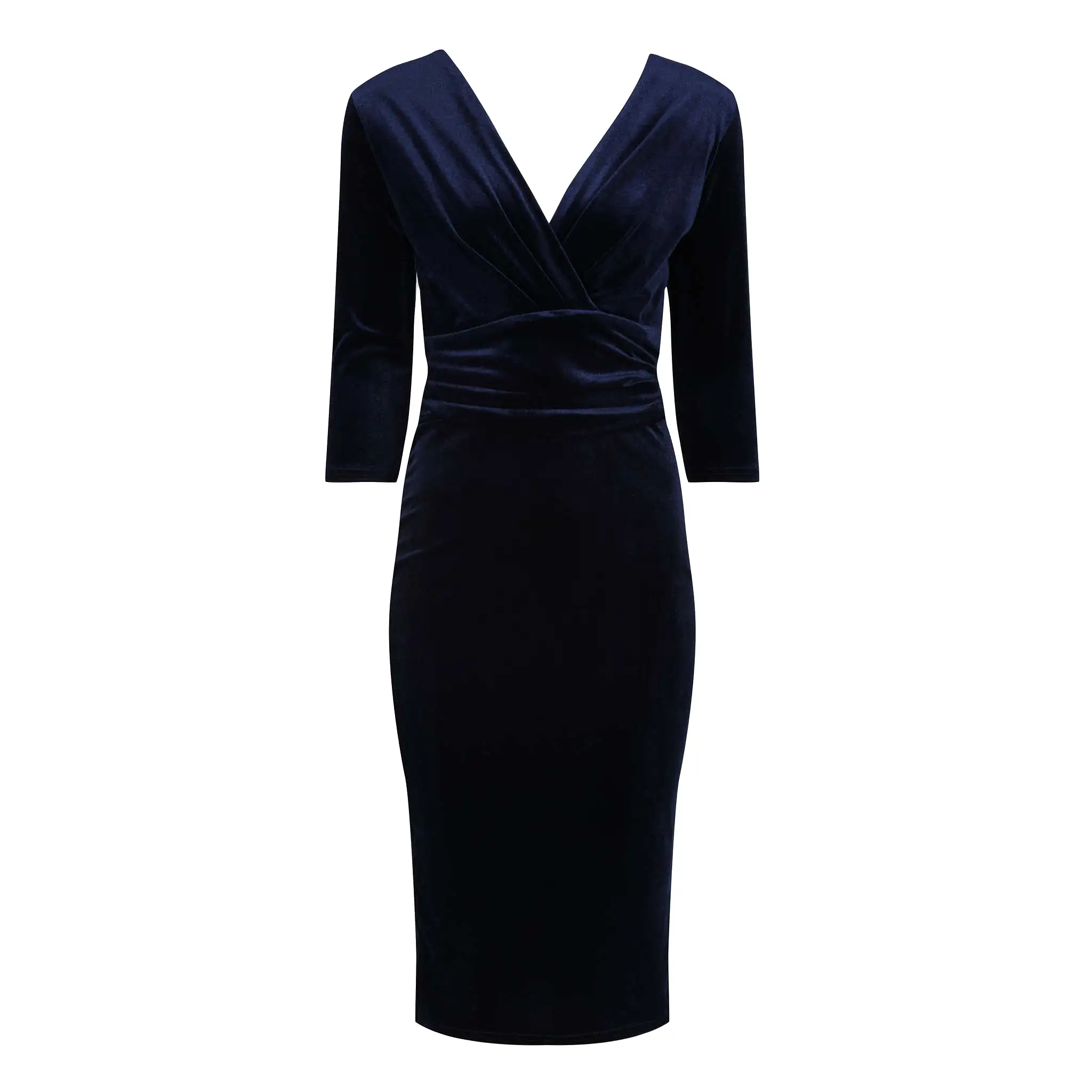 Navy Blue Velour Deep V 3/4 Sleeve Bodycon Ruched Waist Wiggle Dress