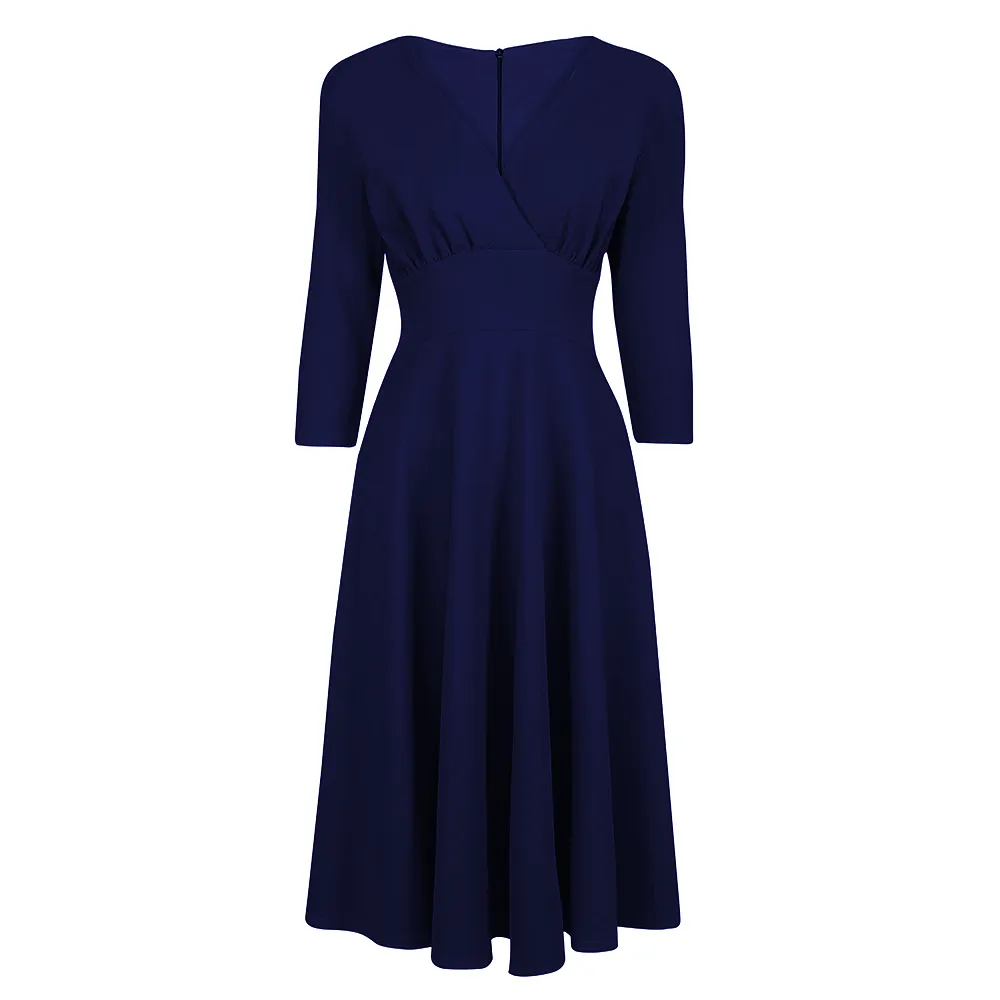 Navy Blue Vintage A Line Crossover 3/4 Sleeve Tea Swing Dress