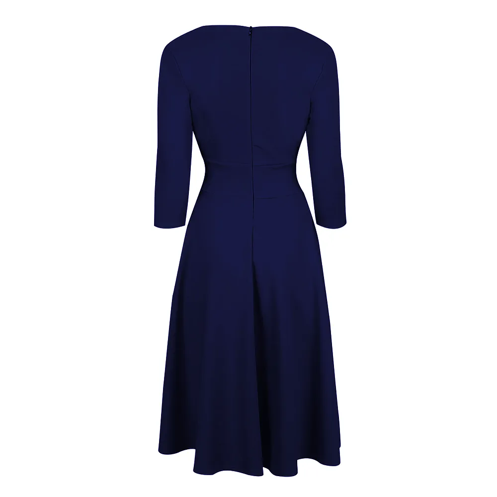 Navy Blue Vintage A Line Crossover 3/4 Sleeve Tea Swing Dress