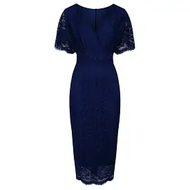 Navy Blue Vintage Lace Detail Bodycon Midi Pencil Dress