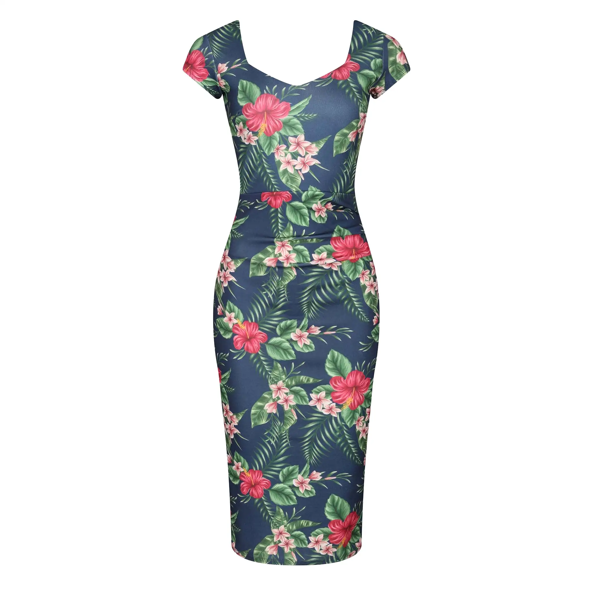 Navy Tropical Floral Print Cap Sleeve V Neck Bodycon Wiggle Dress