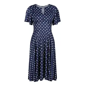 Navy White Polka Dot Waterfall Sleeve Swing Dress