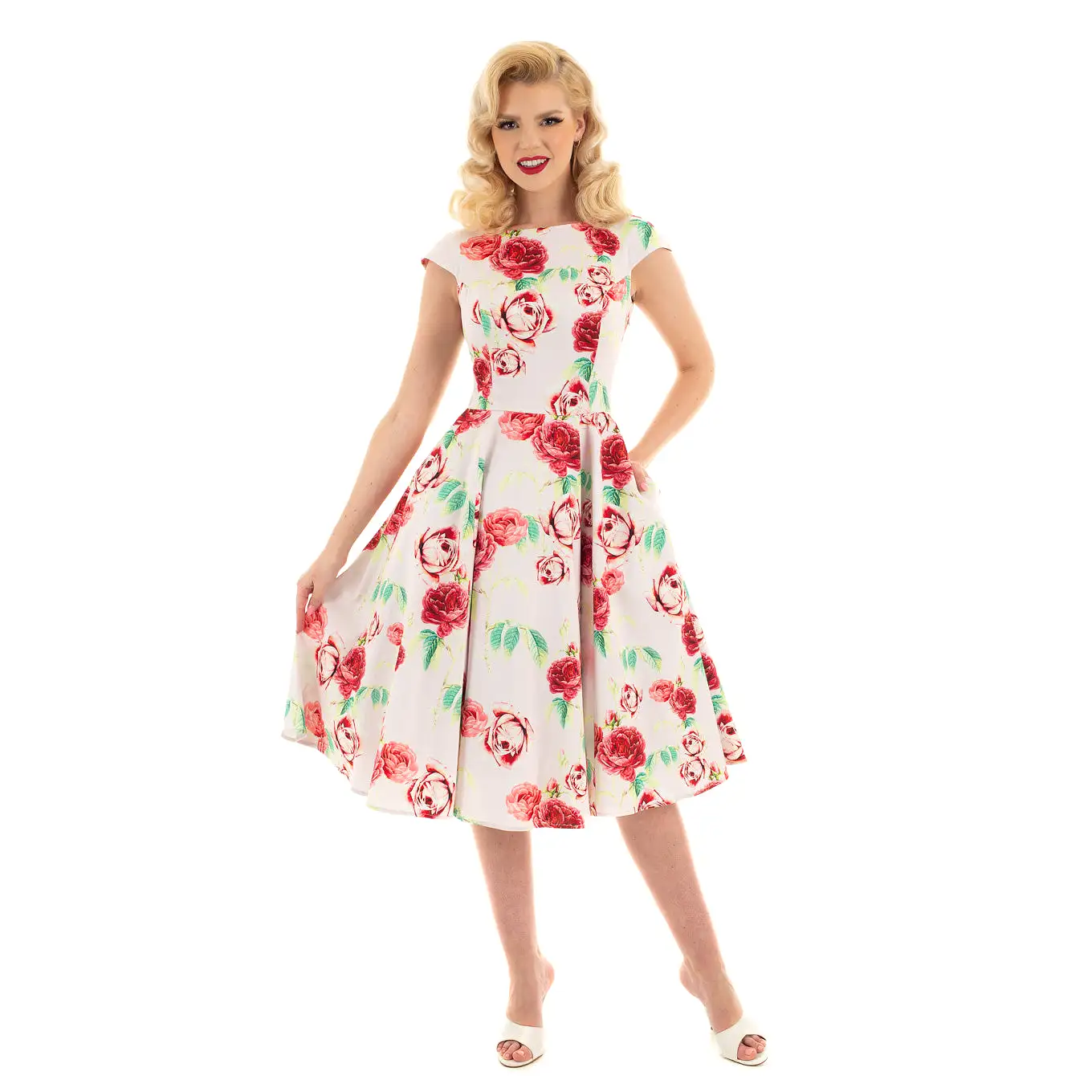 Off White Pink Vintage Floral 50s Summer Swing Dress