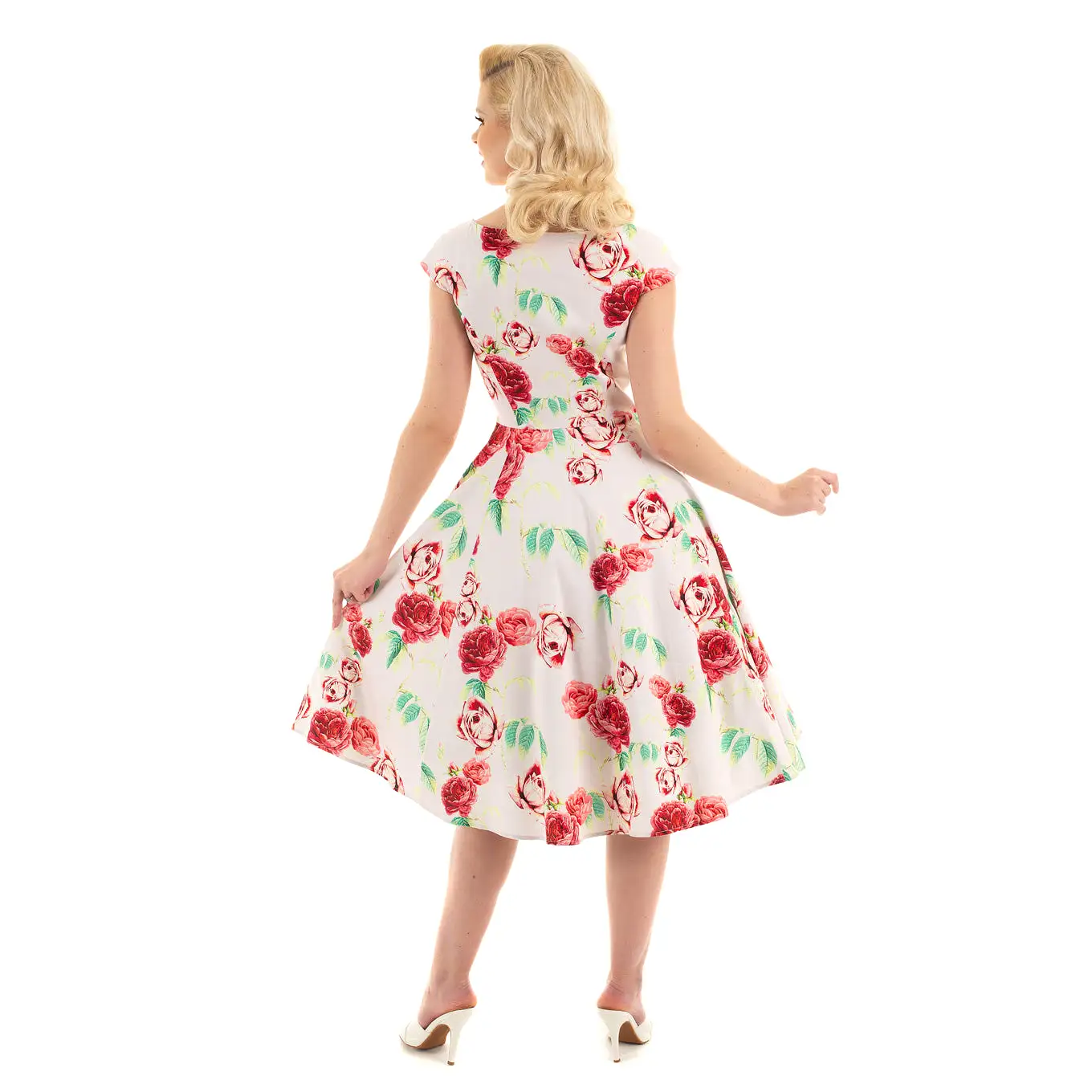 Off White Pink Vintage Floral 50s Summer Swing Dress