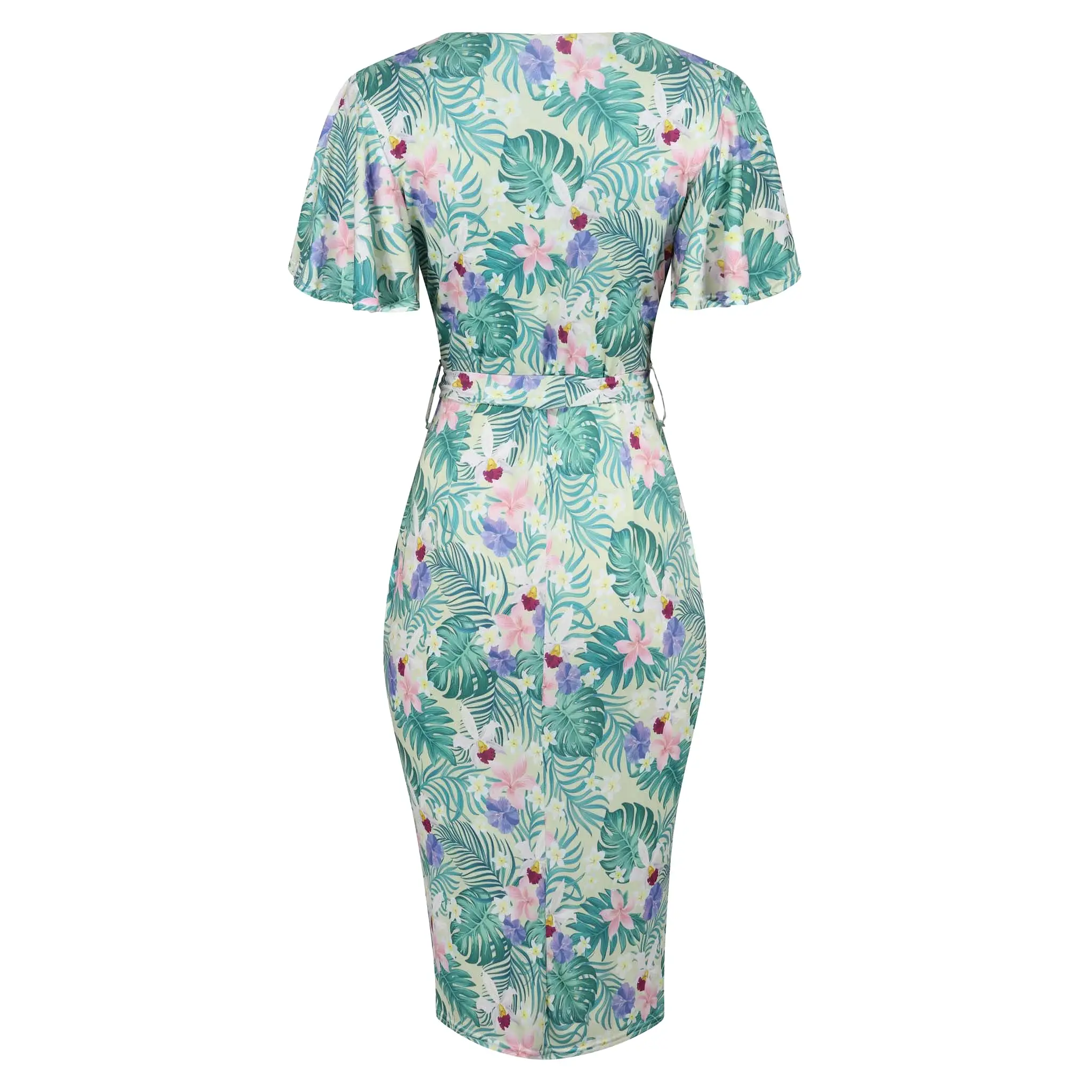 Pale Green Tropical Floral Print Waterfall Sleeve Crossover Pencil Dress