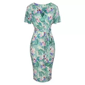 Pale Green Tropical Floral Print Waterfall Sleeve Crossover Pencil Dress