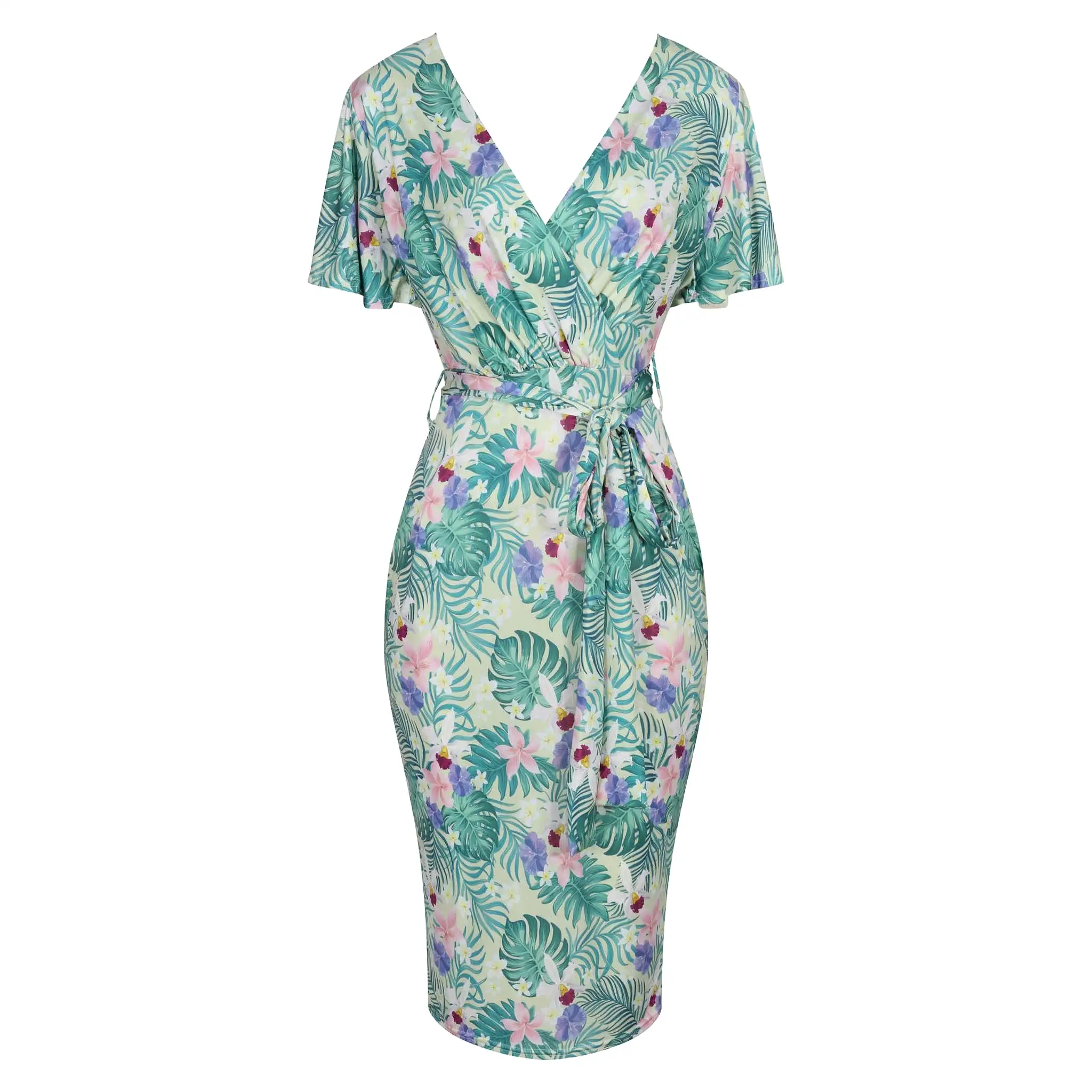 Pale Green Tropical Floral Print Waterfall Sleeve Crossover Pencil Dress