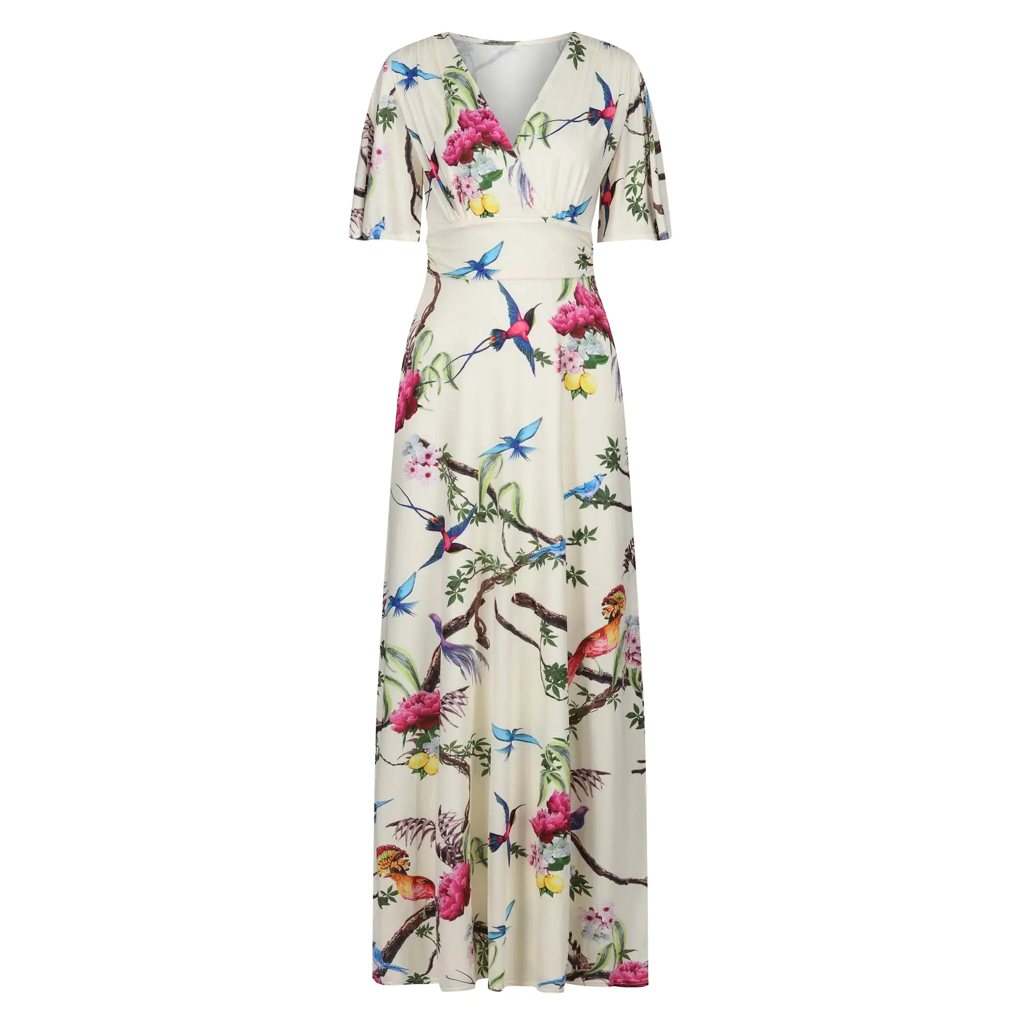 Pale Yellow Bird Print Waterfall Sleeve Maxi Dress