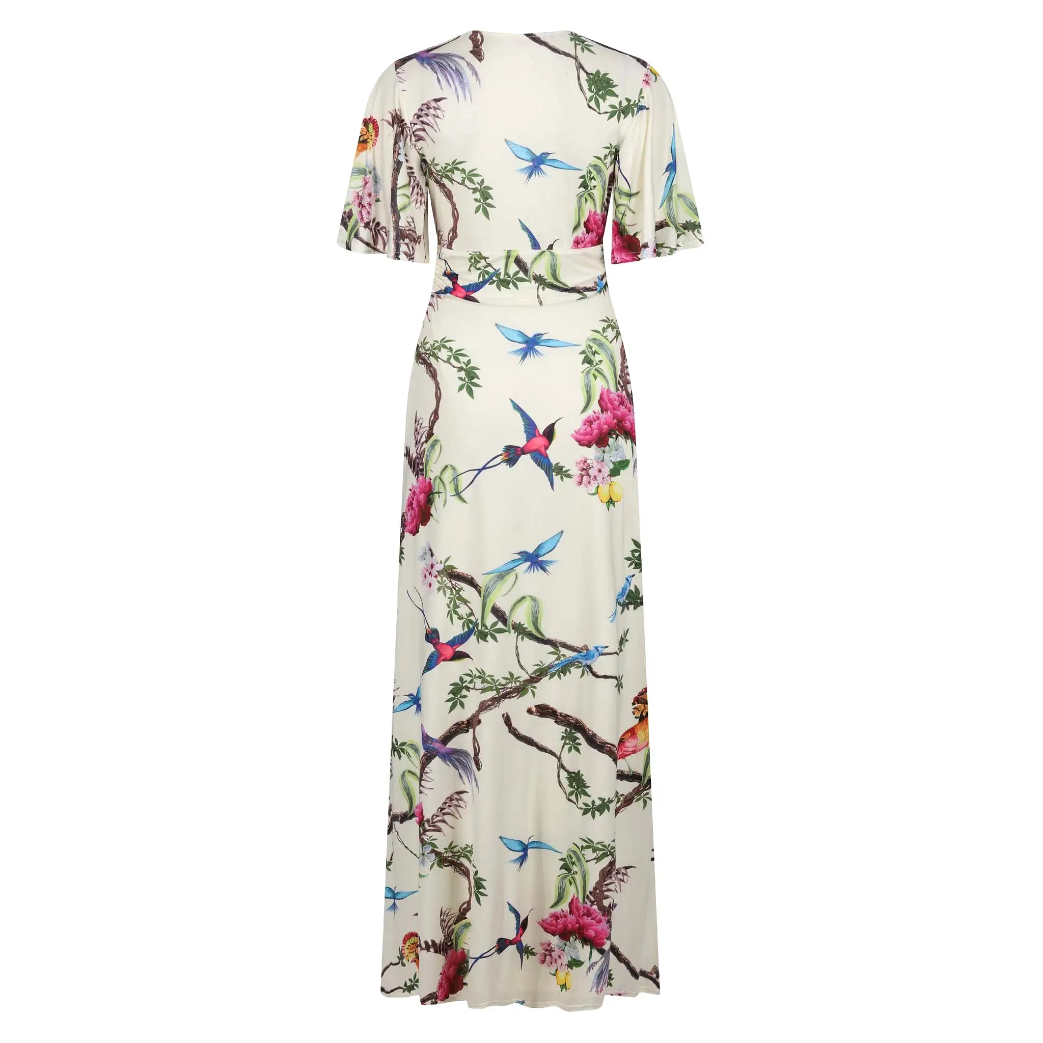 Pale Yellow Bird Print Waterfall Sleeve Maxi Dress