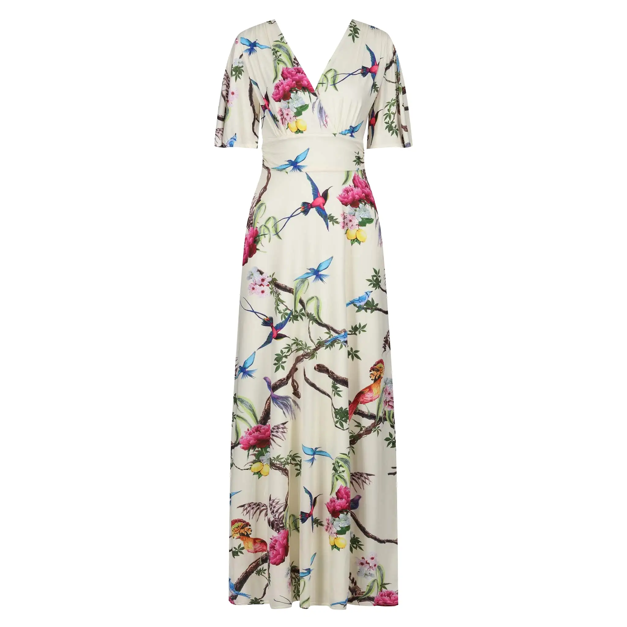 Pale Yellow Bird Print Waterfall Sleeve Maxi Dress