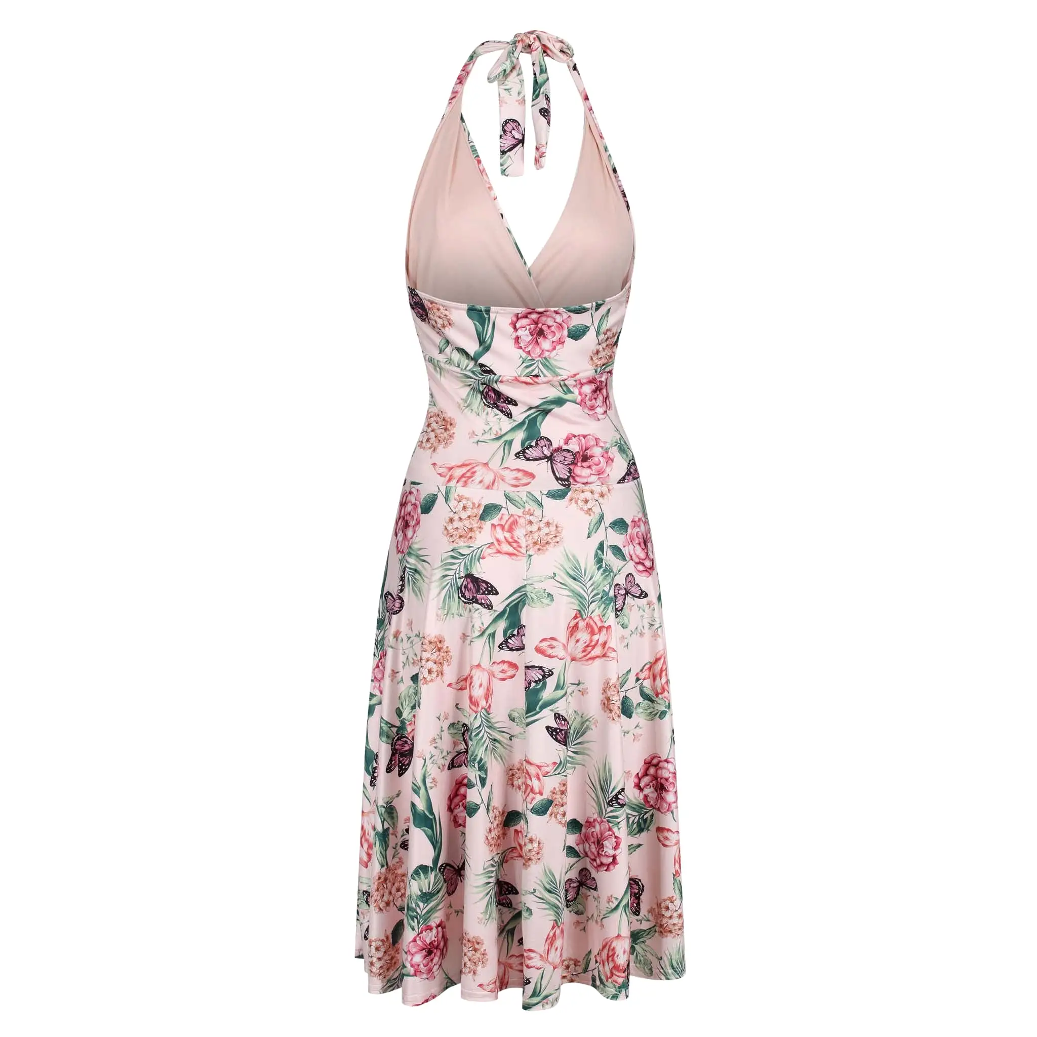 Pink Floral Butterfly Print Halterneck Grecian Summer Dress