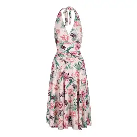 Pink Floral Butterfly Print Halterneck Grecian Summer Dress