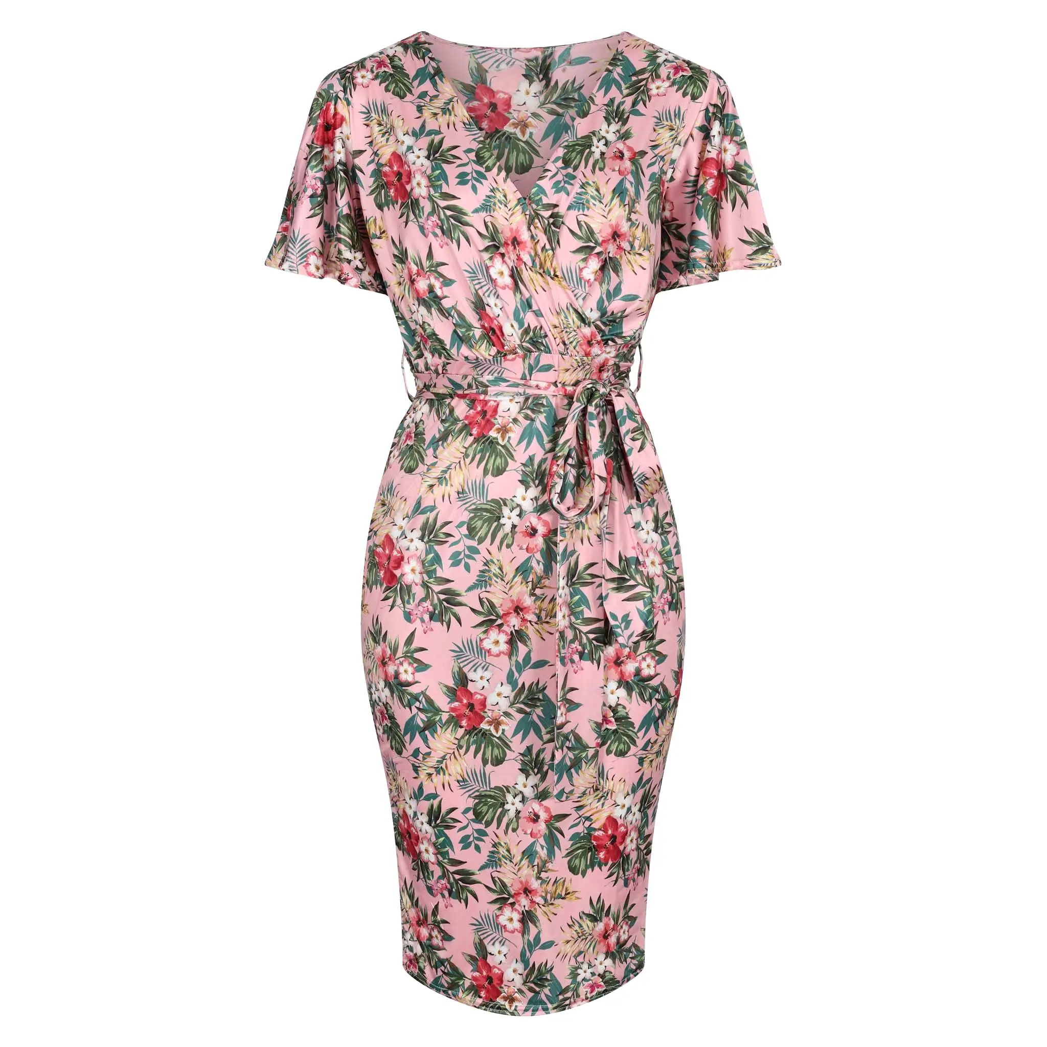 Pink Floral Print Waterfall Sleeve Crossover Pencil Dress