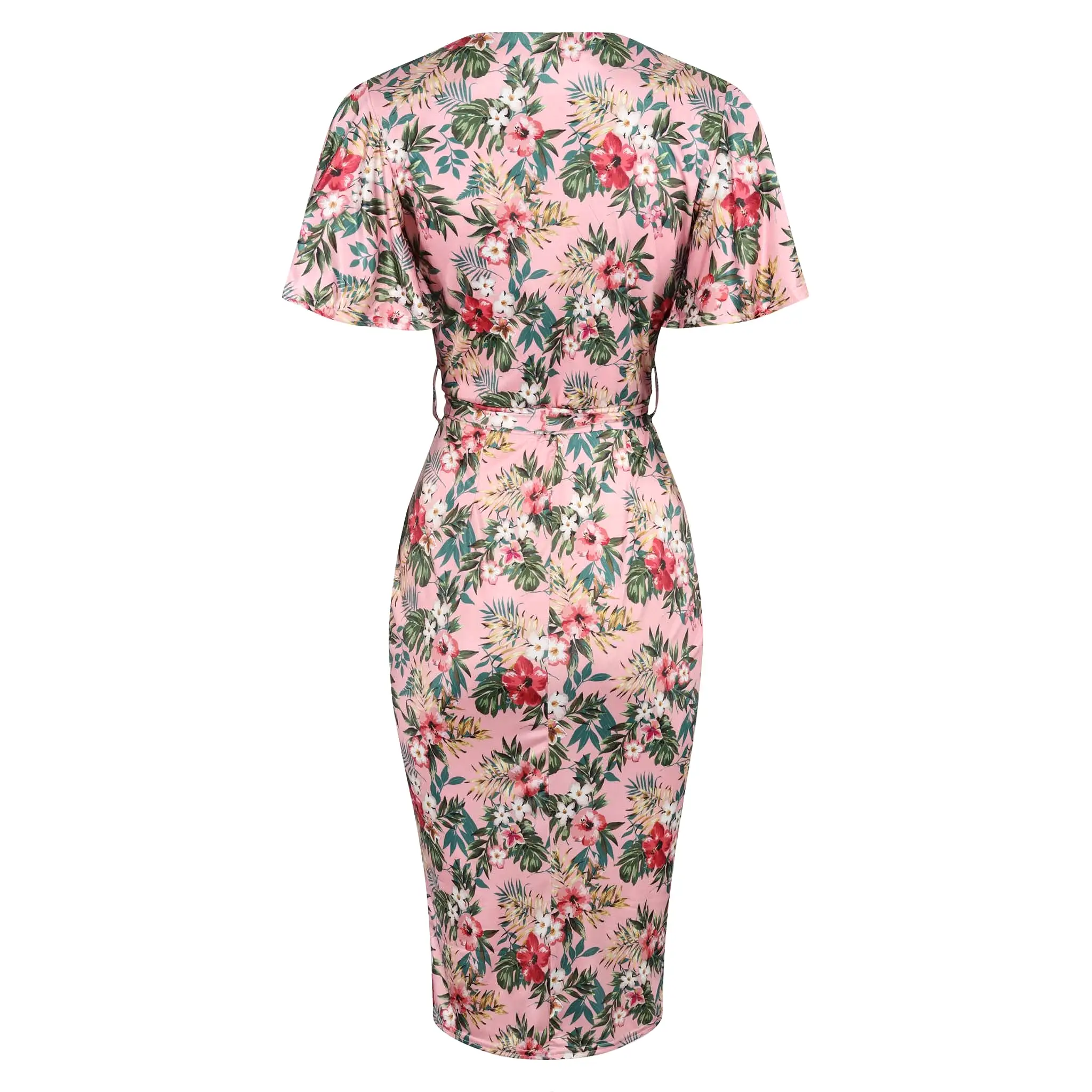 Pink Floral Print Waterfall Sleeve Crossover Pencil Dress