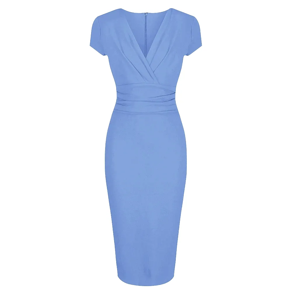 Pretty Blue Deep V Cap Sleeve Bodycon Ruched Waist Wiggle Dress