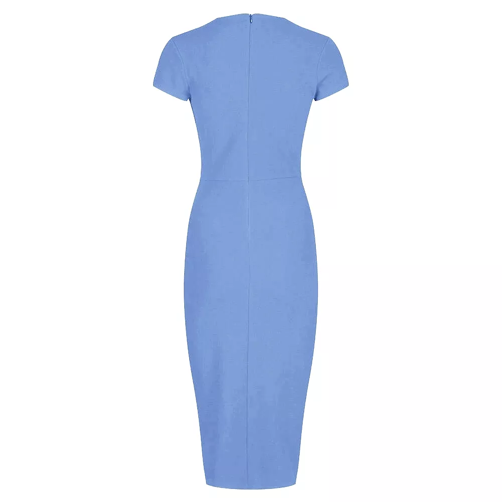 Pretty Blue Deep V Cap Sleeve Bodycon Ruched Waist Wiggle Dress