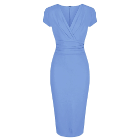 Pretty Blue Deep V Cap Sleeve Bodycon Ruched Waist Wiggle Dress