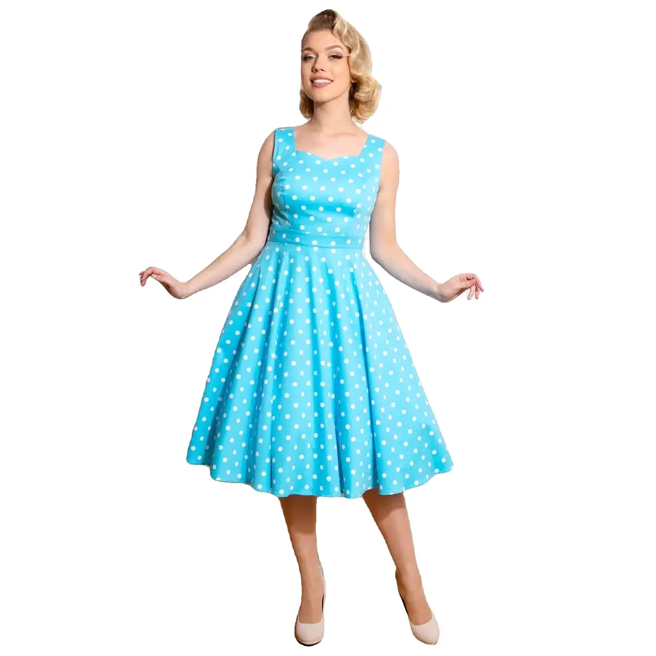 Pretty Blue Turquoise White Polka Dot Sleeveless Rockabilly 50s Swing Dress