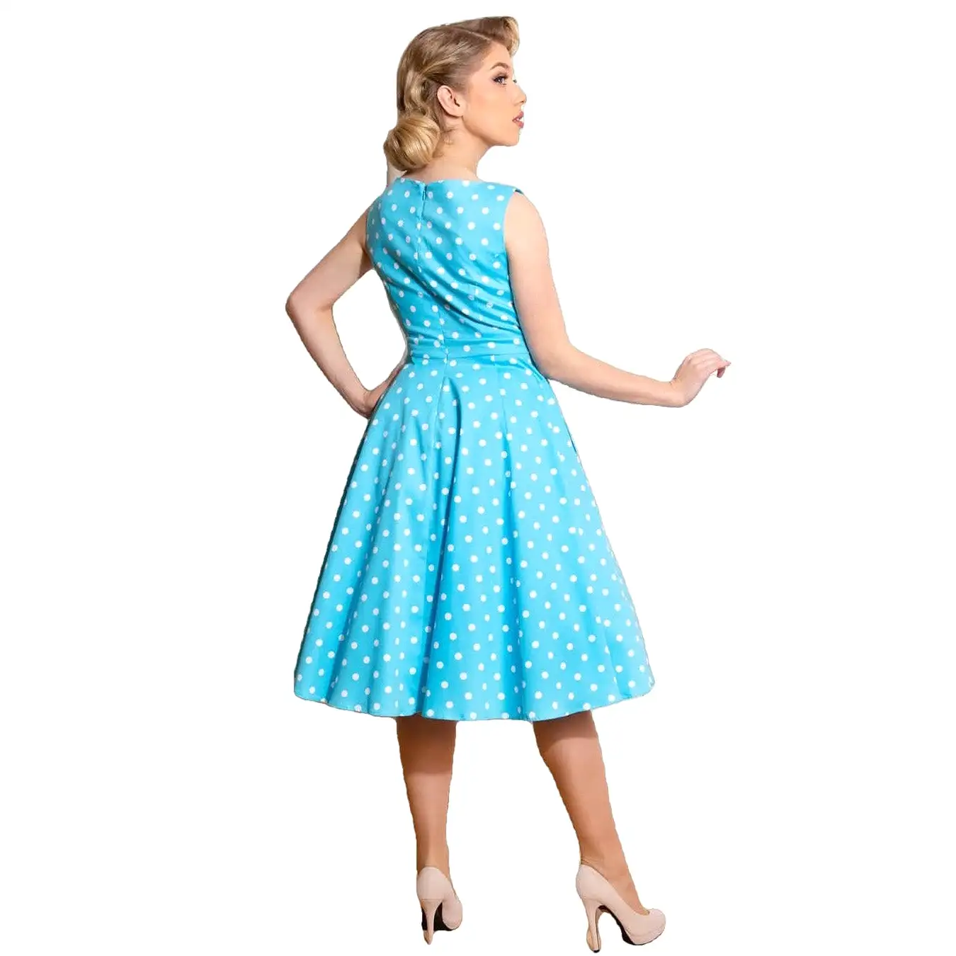 Pretty Blue Turquoise White Polka Dot Sleeveless Rockabilly 50s Swing Dress