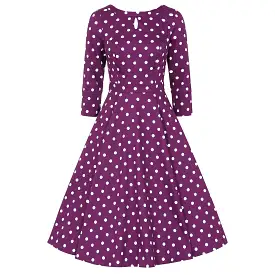 Purple And White Polka Dot 3/4 Sleeve 50s Swing Tea Dress