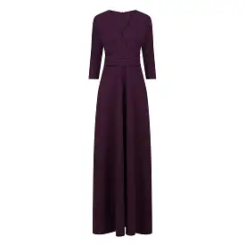 Purple Aubergine V Neck 3/4 Sleeve Maxi Dress