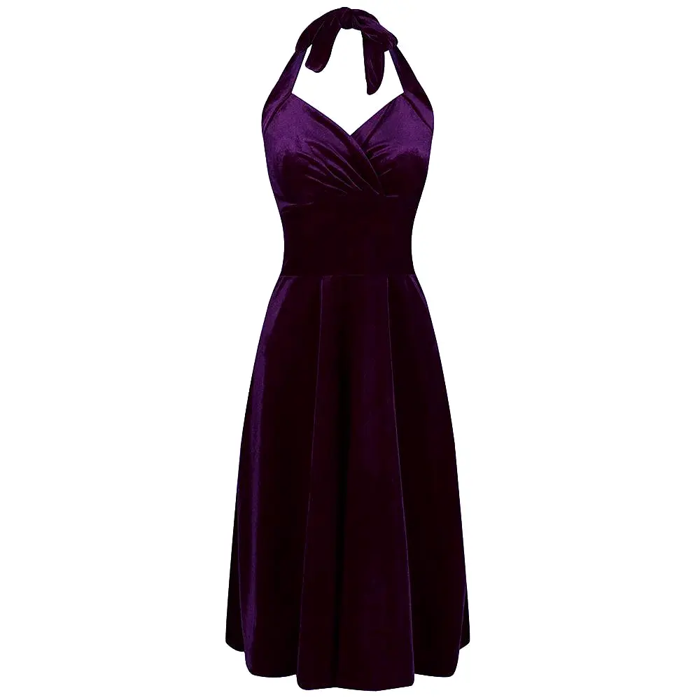 Purple Velour Halterneck Empire Waist 50s Swing Dress