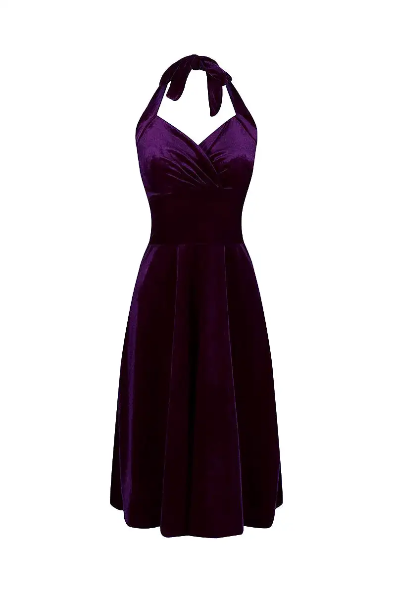 Purple Velour Halterneck Empire Waist 50s Swing Dress