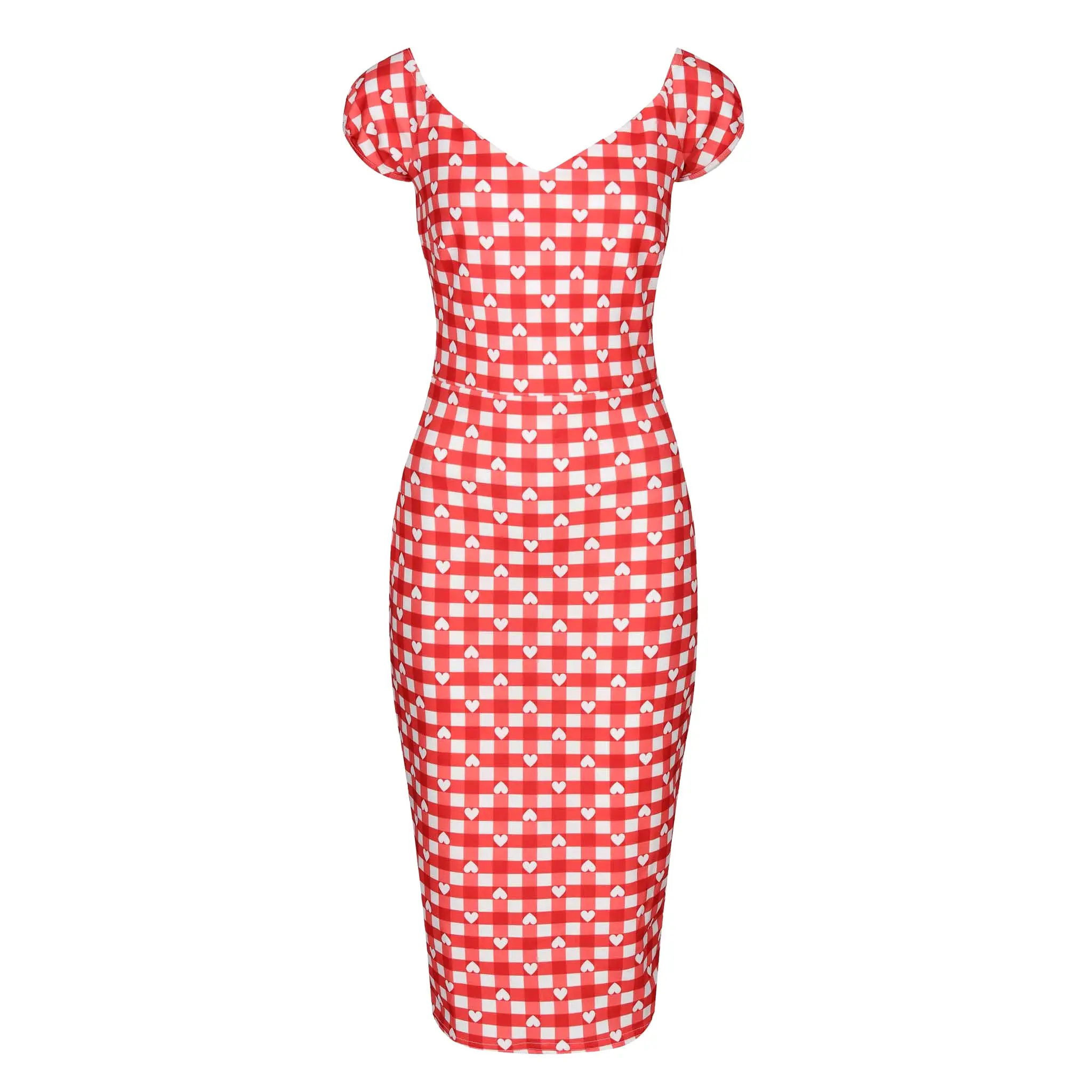 Red and White Gingham Heart Print Bodycon Pencil Dress