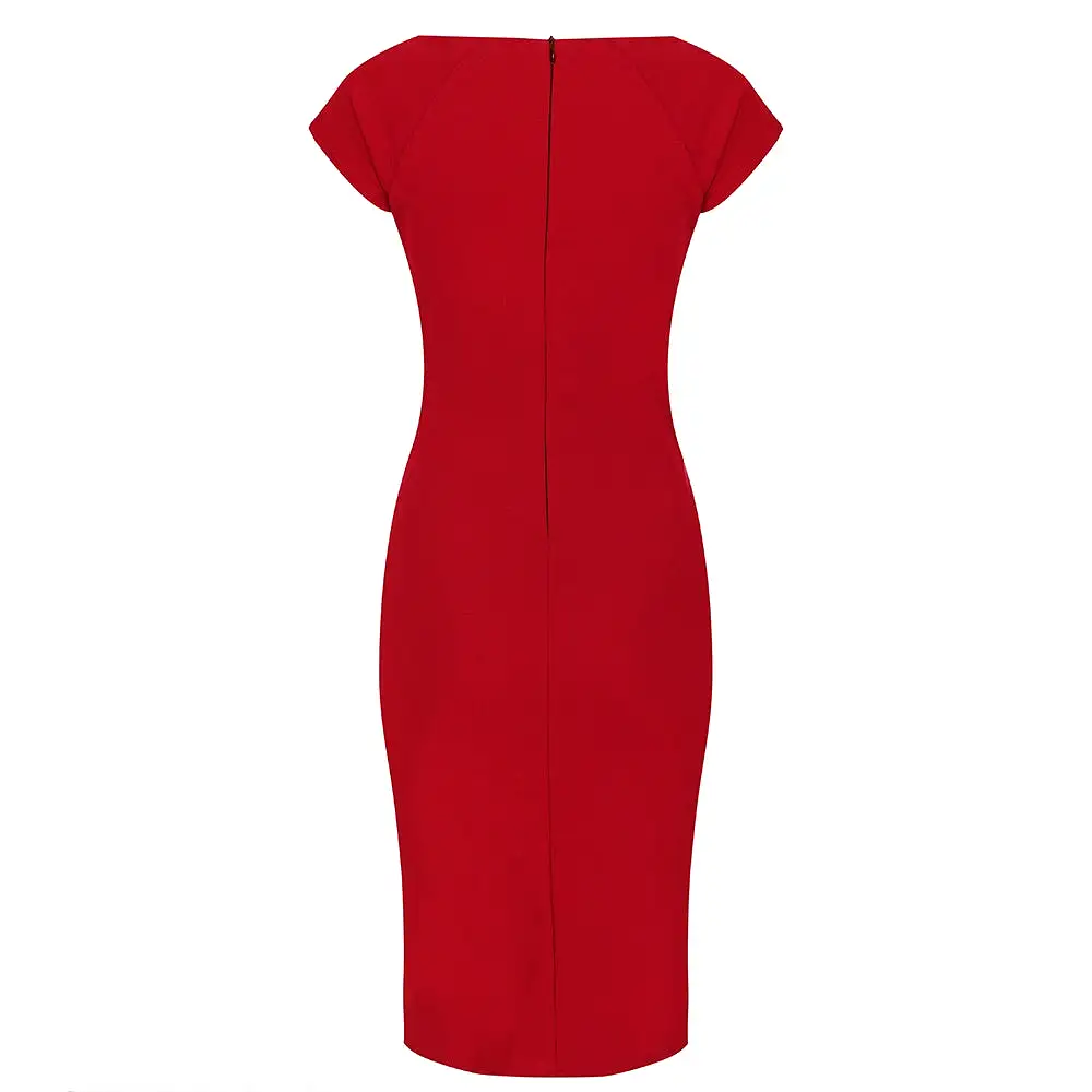 Red Capped Sleeve Ruched Bodycon Pencil Dress